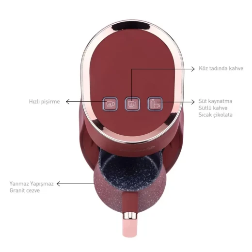 Korkmaz Otantik Turkish Coffee Machine Red, 3 Cup Capacity 700W, Thermo Balance Technology, Granite Effect Pot, Automatic Turkish Coffee Maker, Stylish Home and Office Coffee Appliance - Korkmaz - Image 3