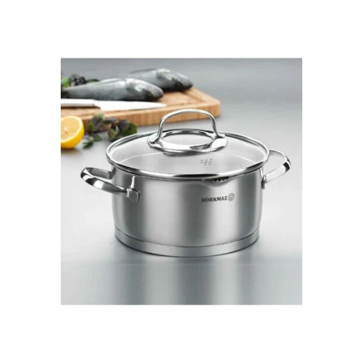 Korkmaz Steema Stainless Steel Tri Ply Casserole Dish with Tempered Glass Lid 5.5 Quart Polished Finish Induction Compatible - Korkmaz - Image 2