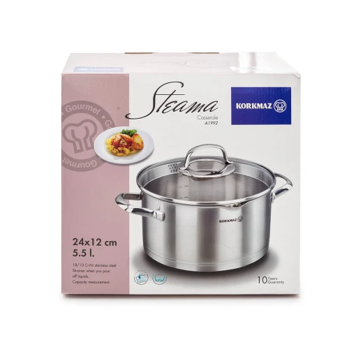 Korkmaz Steema Stainless Steel Tri Ply Casserole Dish with Tempered Glass Lid 5.5 Quart Polished Finish Induction Compatible - Korkmaz - Image 3