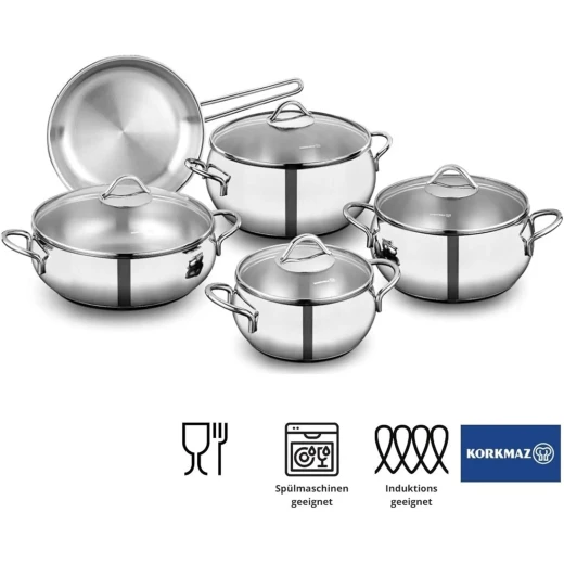 Korkmaz Stainless Steel 9 Piece Cookware Set Tombik Style Induction Compatible Silver - Korkmaz - Image 3