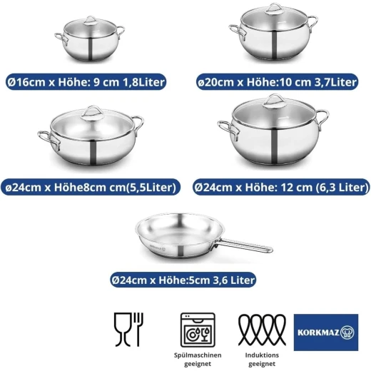Korkmaz Stainless Steel 9 Piece Cookware Set Tombik Style Induction Compatible Silver - Korkmaz - Image 4
