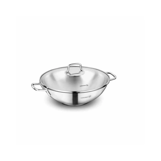 Korkmaz Perla Stainless Steel Wok 28x8.5 cm with Tempered Glass Lid and Ergonomic Handle Korkmaz Perla Stainless Steel Wok 28x8.5 cm with Tempered Glass Lid and Ergonomic Handle