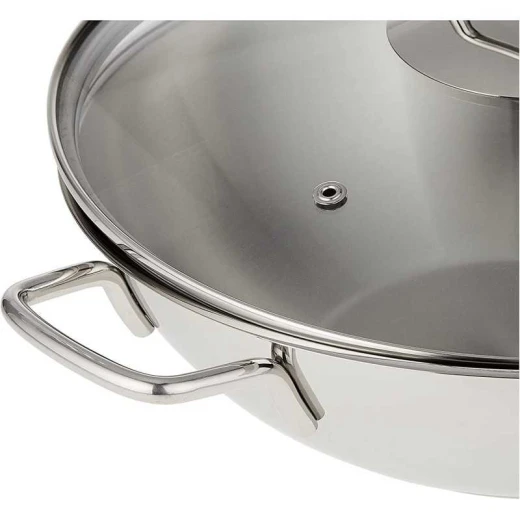 Korkmaz Perla Stainless Steel Wok 28x8.5 cm with Tempered Glass Lid and Ergonomic Handle - Korkmaz - Image 3