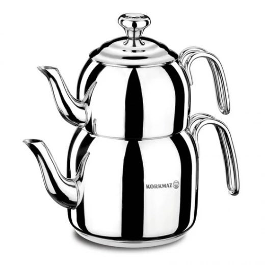 طقم إبريق شاي تركي ستانلس ستيل كوركماز دروبا 700 مل و 1600 مل طقم إبريق شاي تركي ستانلس ستيل كوركماز دروبا 700 مل و 1600 مل