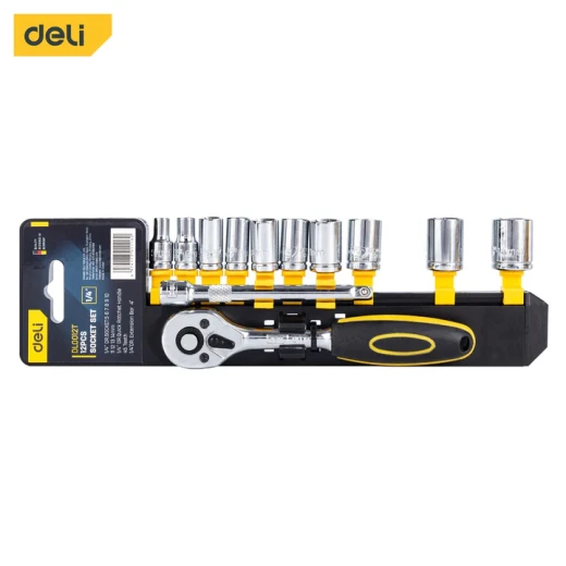 Deli 12 Piece Metric Socket Wrench Set, Alloy Steel, Yellow and Black Deli 12 Piece Metric Socket Wrench Set, Alloy Steel, Yellow and Black