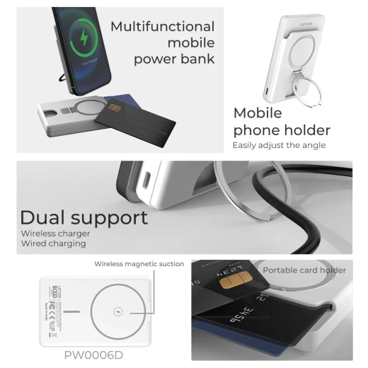 باور بانك لينييس PW006D لاسلكي مغناطيسي 5000 مللي أمبير شحن MagSafe سريع 15 واط شحن PD 20 واط مدمج للغاية أبيض - لينيس - Image 3