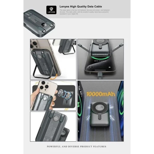 باور بانك لينييس PW1006D لاسلكي مغناطيسي 10000 مللي أمبير شحن سريع PD 27 واط خرج MagSafe 15 واط مسند مدمج شاشة رقمية أسود - لينيس - Image 2