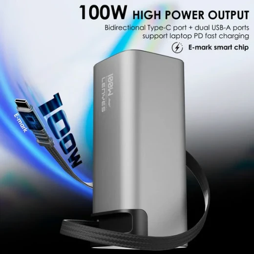 باور بانك لينيس PX2001D بسعة 20000 مللي أمبير، شحن سريع USB-C بقوة 100 واط، متوافق مع اللابتوب، كابل مدمج قابل للسحب، فضي - لينيس - Image 3
