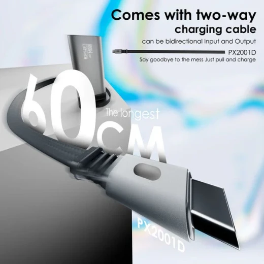 باور بانك لينيس PX2001D بسعة 20000 مللي أمبير، شحن سريع USB-C بقوة 100 واط، متوافق مع اللابتوب، كابل مدمج قابل للسحب، فضي - لينيس - Image 4
