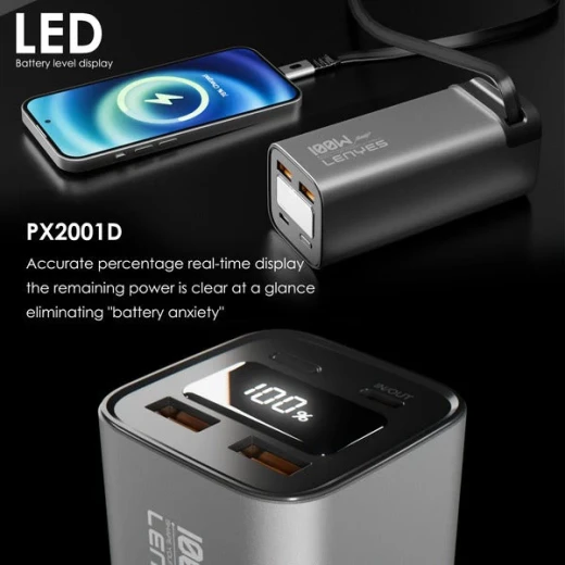 باور بانك لينيس PX2001D بسعة 20000 مللي أمبير، شحن سريع USB-C بقوة 100 واط، متوافق مع اللابتوب، كابل مدمج قابل للسحب، فضي - لينيس - Image 2