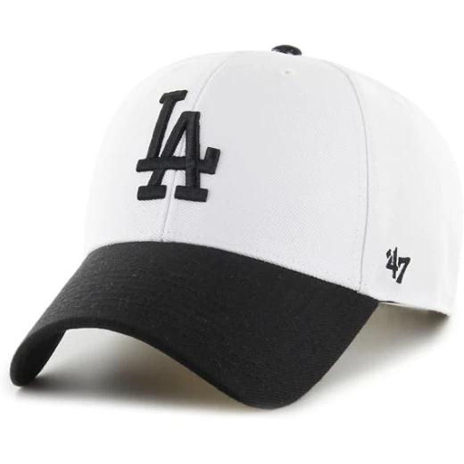قبعة سناب باك 47 Brand MLB Sure Shot لفريق لوس أنجلوس دودجرز، لون أبيض وأسود، مقاس قابل للتعديل، قبعة بيسبول رسمية بحافة مسطحة، مقاس واحد يناسب معظم المقاسات، مصنوعة من القطن عالي الجودة، مناسبة للرجال والنساء - 47 براند - Image 5