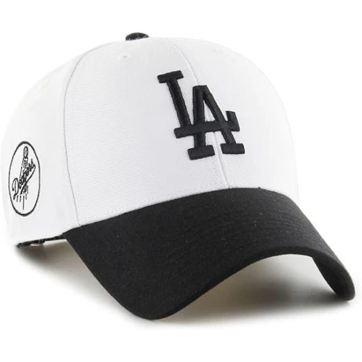 قبعة سناب باك 47 Brand MLB Sure Shot لفريق لوس أنجلوس دودجرز، لون أبيض وأسود، مقاس قابل للتعديل، قبعة بيسبول رسمية بحافة مسطحة، مقاس واحد يناسب معظم المقاسات، مصنوعة من القطن عالي الجودة، مناسبة للرجال والنساء - 47 براند - Image 2