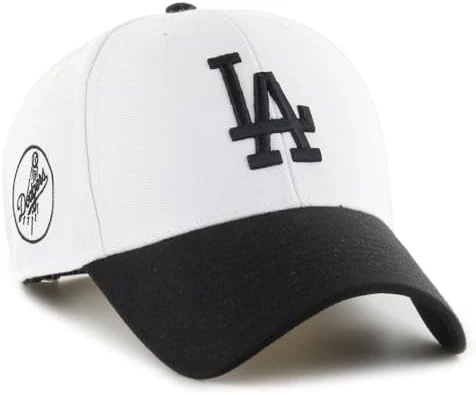 قبعة سناب باك 47 Brand MLB Sure Shot لفريق لوس أنجلوس دودجرز، لون أبيض وأسود، مقاس قابل للتعديل، قبعة بيسبول رسمية بحافة مسطحة، مقاس واحد يناسب معظم المقاسات، مصنوعة من القطن عالي الجودة، مناسبة للرجال والنساء - 47 براند - Image 3