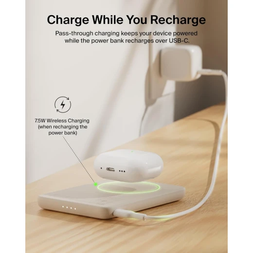 بيلكن BoostCharge بنك طاقة مغناطيسي بسعة 5000mAh | شاحن محمول نحيف مع حلقة مغناطيسية ومنفذ USB-C | بطارية إضافية للآيفون وجالاكسي وPixelSnap والآيباد والأجهزة اللوحية | كابل USB-C مرفق | اللون رملي - بيلكين - Image 4