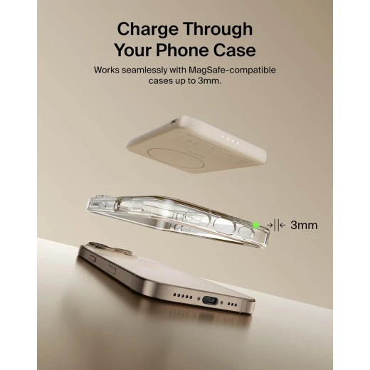 بيلكن BoostCharge بنك طاقة مغناطيسي بسعة 5000mAh | شاحن محمول نحيف مع حلقة مغناطيسية ومنفذ USB-C | بطارية إضافية للآيفون وجالاكسي وPixelSnap والآيباد والأجهزة اللوحية | كابل USB-C مرفق | اللون رملي - بيلكين - Image 3