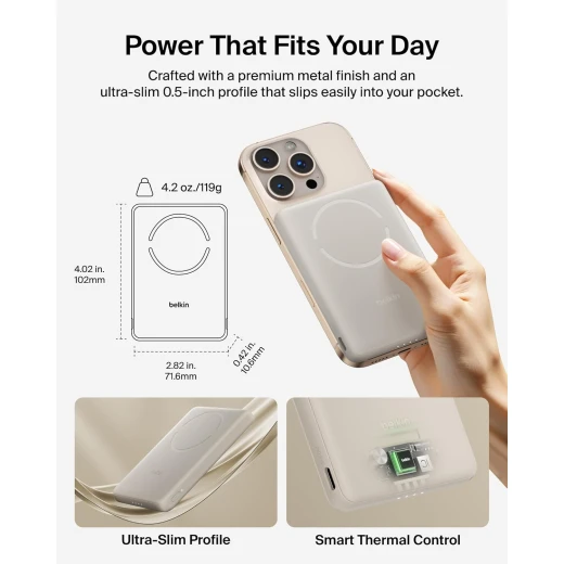 بيلكن BoostCharge بنك طاقة مغناطيسي بسعة 5000mAh | شاحن محمول نحيف مع حلقة مغناطيسية ومنفذ USB-C | بطارية إضافية للآيفون وجالاكسي وPixelSnap والآيباد والأجهزة اللوحية | كابل USB-C مرفق | اللون رملي - بيلكين - Image 9
