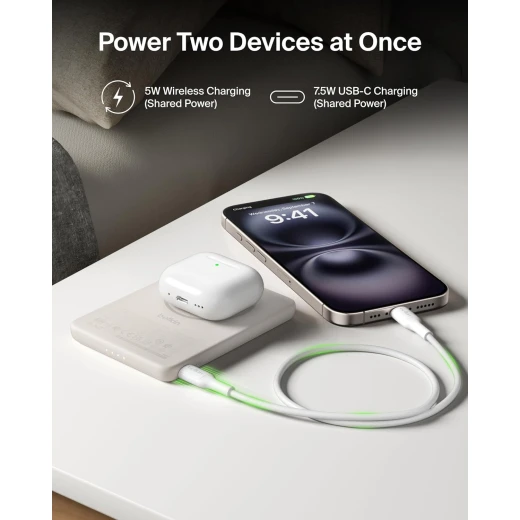 بيلكن BoostCharge بنك طاقة مغناطيسي بسعة 5000mAh | شاحن محمول نحيف مع حلقة مغناطيسية ومنفذ USB-C | بطارية إضافية للآيفون وجالاكسي وPixelSnap والآيباد والأجهزة اللوحية | كابل USB-C مرفق | اللون رملي - بيلكين - Image 7