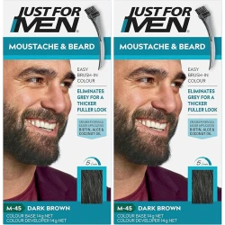 Just for men Moustache & Beard, Beard Dye For Grey Hair With Brush Included, Eliminates Grey For A Thicker & Fuller Look - Colour: Dark Brown, M-45, 2 Count (Pack of 2)