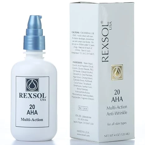 REXSOL 20 AHA Multi-action Anti-Wrinkle Cream | With Vitamin E, Algae Extract, Ginseng Extract, Calendula Extract, Caviar Extract | Diminishes appearance of fine lines & wrinkles. (120 ml / 4 fl oz) REXSOL 20 AHA Multi-action Anti-Wrinkle Cream | With Vitamin E, Algae Extract, Ginseng Extract, Calendula Extract, Caviar Extract | Diminishes appearance of fine lines & wrinkles. (120 ml / 4 fl oz)