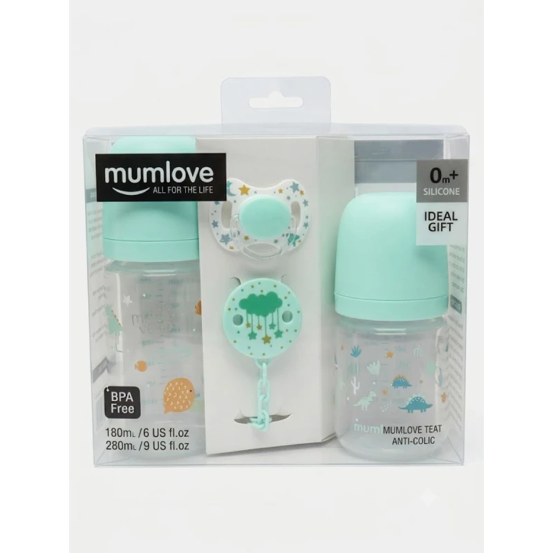 Mumlove Silicone Baby Feeding Gift Set with 2 Anti-Colic Bottles, Silicone Pacifier and Pacifier Clip, BPA-Free, Newborn 0+ Months, Perfect Baby Gift - Mumlove