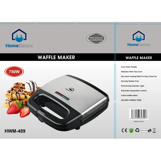 ماكينة صنع الوافل HWM489، مصنوعة من الستانلس ستيل، ألواح تفلون غير لاصقة، ضمان لمدة سنة واحدة، مثالية لصنع الوافل اللذيذ في المنزل، سهلة التنظيف والتشغيل - هوم الكترك - Image 2