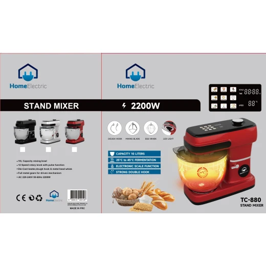 TC880 Stand Mixer 2200W with 12 Speeds, 10 Liter Bowl, LED Light, Dough Hook, and 1 Year Warranty - Home electric - Image 2