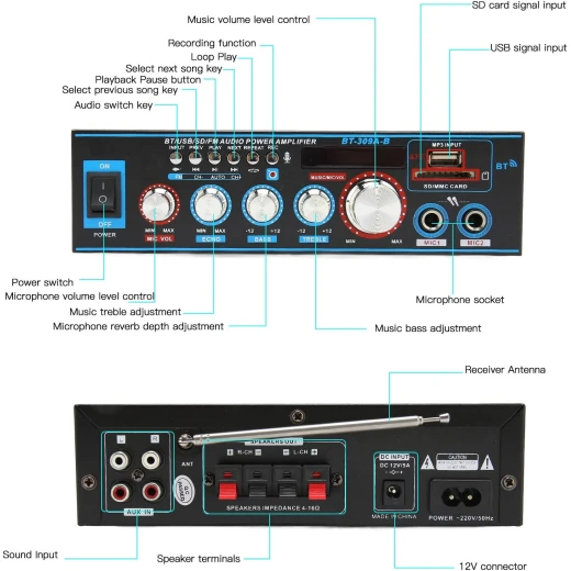 مضخم صوت منزلي BT-309A، 400 واط × 2 مضخم صوت بلوتوث ثنائي القناة، صندوق استقبال ستيريو رقمي لمكبر صوت المسرح المنزلي - Image 5