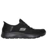 Skechers Women's Summits Classy Night Slip On Sneakers Black with Snake Pattern Sparkle Mesh Upper Vegan Design featuring Heel Pillow and Air Cooled Memory Foam Insole Size 38.5 - Skechers