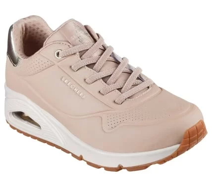 Skechers Women's Uno Shimmer Away Slip On Fashion Sneaker Nude Metallic Trim Stretch Laces Air Cooled Memory Foam Insole Size 40 - Skechers - Image 3