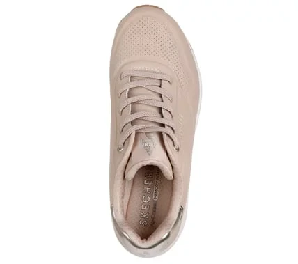 Skechers Women's Uno Shimmer Away Slip On Fashion Sneaker Nude Metallic Trim Stretch Laces Air Cooled Memory Foam Insole Size 40 - Skechers - Image 4