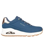 Skechers Women's Uno Shimmer Away Slip On Fashion Sneaker Navy Blue Metallic Trim Stretch Laces Air Cooled Memory Foam Insole Skech Air Cushioned Midsole Size 40 - Skechers