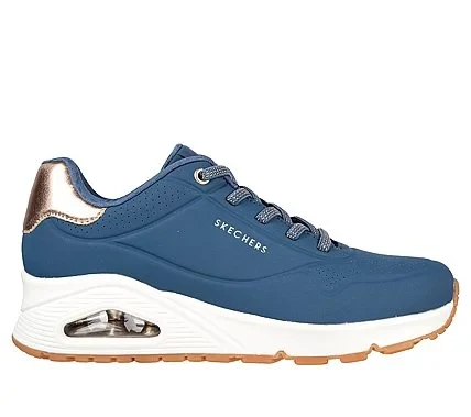 Skechers Women's Uno Shimmer Away Slip On Fashion Sneaker Navy Blue Metallic Trim Stretch Laces Air Cooled Memory Foam Insole Skech Air Cushioned Midsole Size 40 - Skechers - Image 2