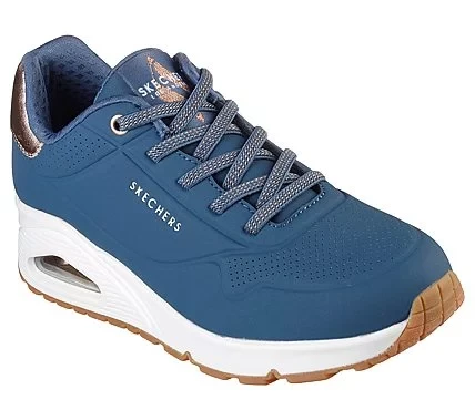 Skechers Women's Uno Shimmer Away Slip On Fashion Sneaker Navy Blue Metallic Trim Stretch Laces Air Cooled Memory Foam Insole Skech Air Cushioned Midsole Size 40 - Skechers - Image 3