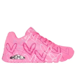 Skechers x JGoldcrown Women's Street Uno Spread the Love Sneakers Pink 36 Featuring #Lovewall Heart Design and Air-Cooled Memory Foam Insole