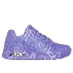 Skechers x JGoldcrown Women's Uno Spread the Love Purple Sneakers Featuring Heart Design Print, Air Cooled Memory Foam Insole, and Platform Wedge 40 - Skechers