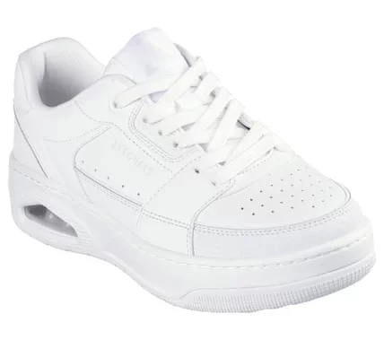 Skechers Women's Uno Courted Style White Leather Sneakers Size 37.5 Featuring Air-Cooled Memory Foam Insole and Skech-Air Airbag Midsole Contrast Piped Trim Lace Up Shoes - Skechers - Image 3
