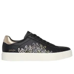 Skechers Women's Eden LX Gleaming Hearts Sneakers Featuring JGoldcrown #Lovewall Design Metallic Heart Print Duraleather Upper Platform Midsole 38.5 Black Lace Up Comfort Sneakers - Skechers
