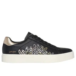 Skechers Women's Eden LX Gleaming Hearts Sneakers Featuring JGoldcrown #Lovewall Design Metallic Heart Print Duraleather Upper Platform Midsole 38.5 Black Lace Up Comfort Sneakers