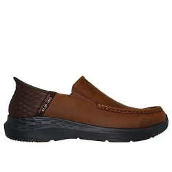 Skechers Men's Slip-ins Parson Oswin Comfort Shoes Brown Leather Laceless Moc Toe Design with Heel Pillow Relaxed Fit Air Cooled Memory Foam Insole Size 41