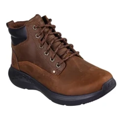 Skechers Men's Relaxed Fit Parson Ederic Lace Up Casual Boot in Brown, Featuring Leather Upper, Charcoal Infused Memory Foam Insole, and Goga Mat Arch Cushioning. Size 40.