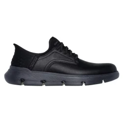 Skechers Men's Garza Oxford Style Black Leather Shoes with Air Cooled Memory Foam Insole, Stretch Laces, and Goga Mat Arch Support, Size 41, SKU 205278-BBK