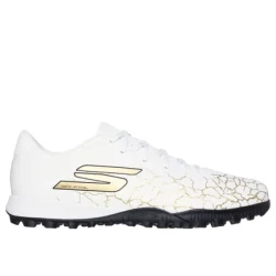 حذاء كرة القدم الرجالي سكيتشرز SKX_01 Gold FG: تصميم خفيف الوزن مع نعل داخلي Move Foam لتوفير أقصى درجات الراحة والأداء على الملاعب العشبية الطبيعية، مقاس 41، أبيض