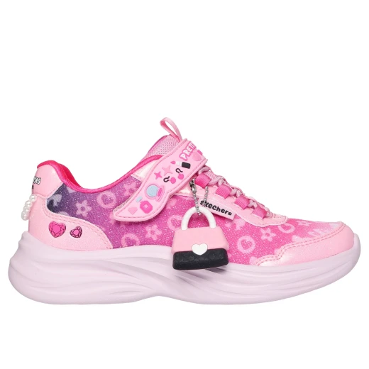 حذاء رياضي لامع من Skechers Power Jams 2.0 للبنات باللون الوردي مع أربطة مطاطية وحزام قابل للتعديل. يشمل سحر حقيبة صغير قابل للفصل. مقاس 33 حذاء رياضي لامع من Skechers Power Jams 2.0 للبنات باللون الوردي مع أربطة مطاطية وحزام قابل للتعديل. يشمل سحر حقيبة صغير قابل للفصل. مقاس 33