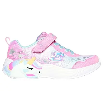 Skechers Girls' Unicorn Dreams Wishful Magic Light Up Sneakers with Stretchy Laces and Adjustable Strap, Featuring a Unicorn Graphic, Cushioned Insole, 2.54 cm Heel, Pink, Size 33 - Skechers - Image 2