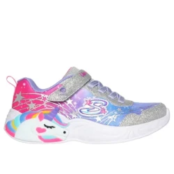 Skechers Girls' Unicorn Dreams Wishful Magic Light Up Sneakers with Metallic Details and Adjustable Strap, Sizes 32, Silver Color, Cushioned Insole, 2.54 cm Heel