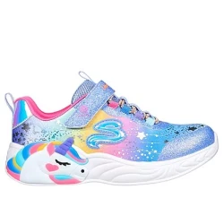 سكيتشرز فتيات S Lights حذاء رياضي مضيء Unicorn Dreams باللون الأزرق، مقاس 35. تتميز هذه الأحذية الرائعة بتشطيب لامع متدرج، ونعل داخلي مريح ومبطن، مثالية للارتداء اليومي.