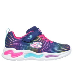 حذاء رياضي Skechers S Lights Wavy Beams للبنات: تصميم بلون كحلي مع شبكة علوية ولمسات قوس قزح لامعة، أربطة مطاطية، نعل داخلي مبطن، مقاس 34، مثالي للأطفال النشطين