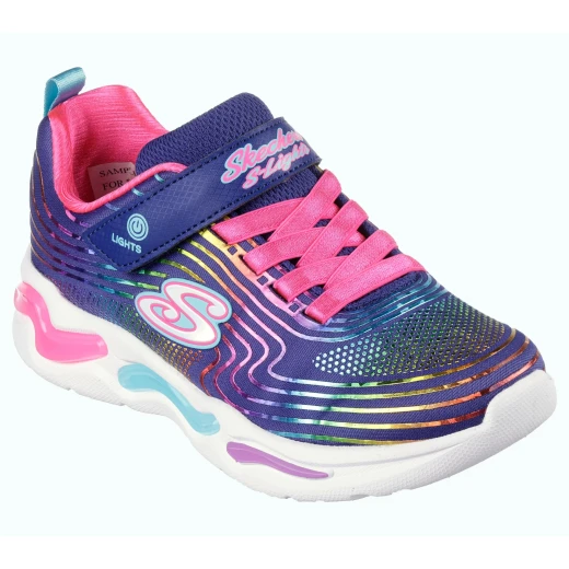 حذاء رياضي Skechers S Lights Wavy Beams للبنات: تصميم بلون كحلي مع شبكة علوية ولمسات قوس قزح لامعة، أربطة مطاطية، نعل داخلي مبطن، مقاس 34، مثالي للأطفال النشطين - سكيتشرز - Image 3