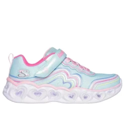 Skechers Girls' Heart Lights Retro Hearts Light Up Shoes Turquoise 3D Rainbow Heart Print Sparkle Mesh Upper Adaptive Closure Size 32