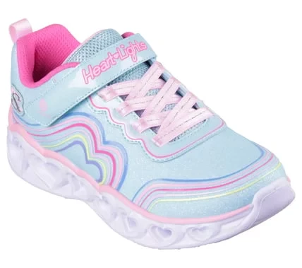 Skechers Girls' Heart Lights Retro Hearts Light Up Shoes Turquoise 3D Rainbow Heart Print Sparkle Mesh Upper Adaptive Closure Size 32 - Skechers - Image 3